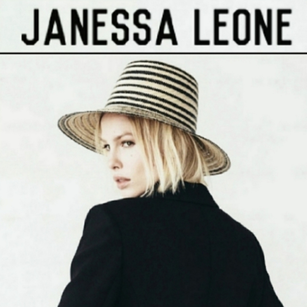 Janessa Leone Straw Boater Hat with Black Stripes